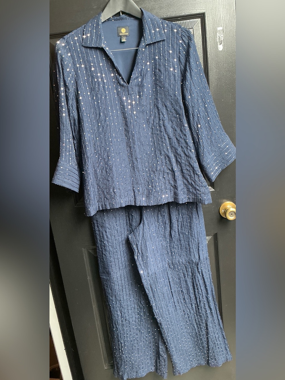 JM Collection Navy Sparkle Wide-Leg Pants & Relaxed Top Set